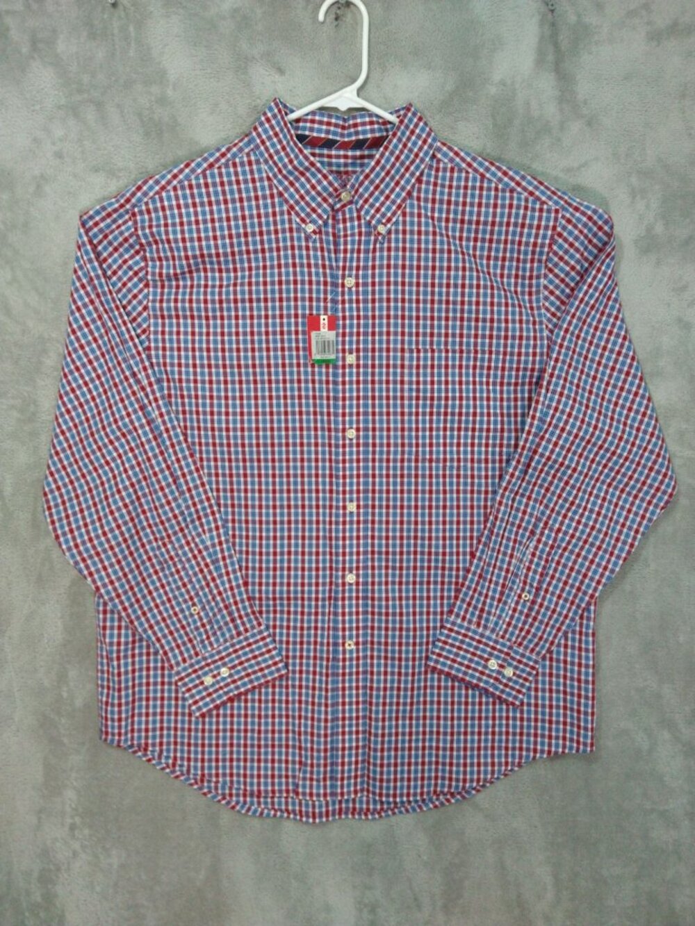 Izod Shirt Mens Large Red Blue Plaid Button Down Long Sleeve Light Weight Poplin